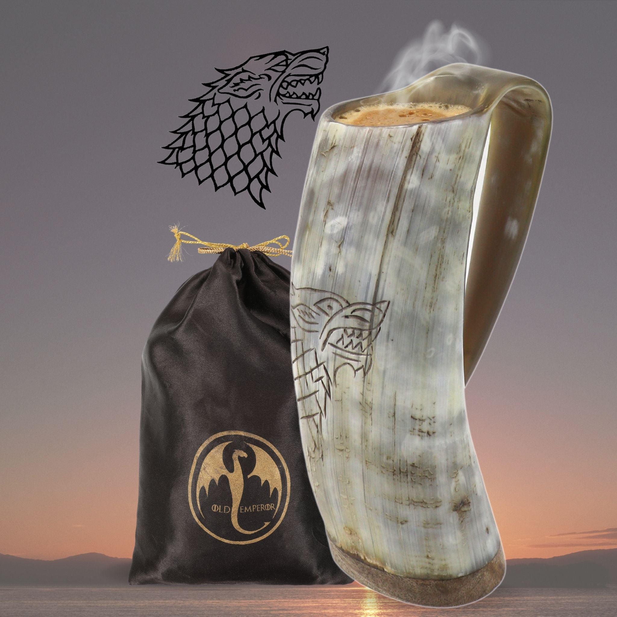 Viking Ox Horn Mug - 16-20 Oz With 3D Engraved Fenrir Wolf - Handmade Drinking Cup For Mead, Ale, Whisky